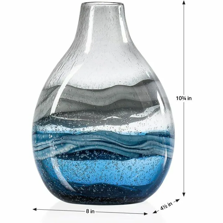 Blue Hand Blown Swirl Glass Bulb Vase for Home