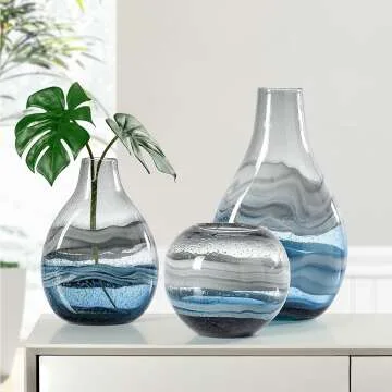 Blue Hand Blown Swirl Glass Bulb Vase for Home