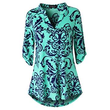 Zattcas Womens Floral Printed Tunic Shirts 3/4 Roll Sleeve Notch Neck Tunic Top,Green,XX-Large