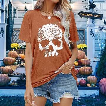 Halloween Skull Shirt for Women Vintage Gothic Graphic T Shirt Funny Rock Novelty Skeleton Halloween Hocus Pocus T-Shirt Tops (Orange, M)