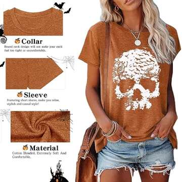 Halloween Skull Shirt for Women Vintage Gothic Graphic T Shirt Funny Rock Novelty Skeleton Halloween Hocus Pocus T-Shirt Tops (Orange, M)
