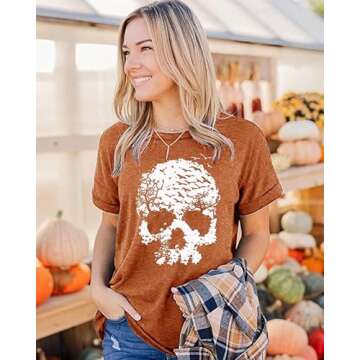 Halloween Skull Shirt for Women Vintage Gothic Graphic T Shirt Funny Rock Novelty Skeleton Halloween Hocus Pocus T-Shirt Tops (Orange, M)