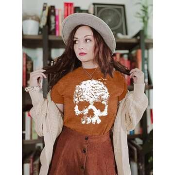 Halloween Skull Shirt for Women Vintage Gothic Graphic T Shirt Funny Rock Novelty Skeleton Halloween Hocus Pocus T-Shirt Tops (Orange, M)
