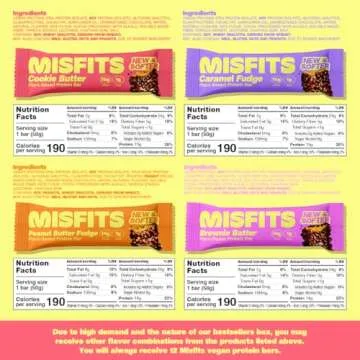 Misfits Vegan Protein Bars - Updated Recipe | Plant Based, Low Sugar & Carb, High Fiber Snacks | Variety Pack of 12 (4 Flavors)