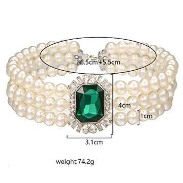 Children of Light Pearl Choker Necklace for Women Lady - 3 Layered White Imitation Pearls Luxury Rhinestone Crystal Charm, Short Chain Collar Jewelry Costume Accessories Gifts (Square Green Crystal)