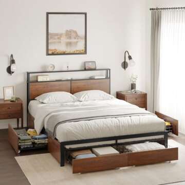 HAUSOURCE King Bed Frame with Storage Headboard and 4 Drawers Bed Frame King Size with Charging Station LED Lights Metal Platform Non-Slip Without Noise No Box Spring Needed