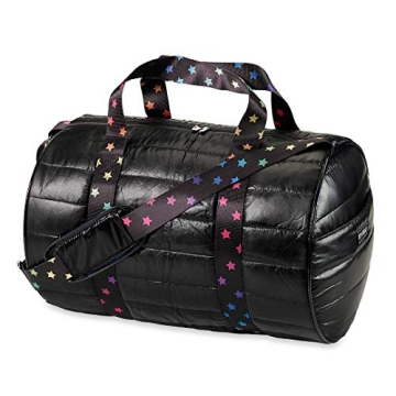 Top Trenz Stellar Black Puffer Duffel Bag - Versatile & Spacious Weekender Bag with Scattered Stars Straps for Travel, Gym, and Overnight Stays