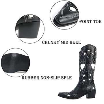 AMINUGAL Womens Mid Calf Embroidered Cut Out Cute Heart Cowgirl Boots Pull on Point Toe Chunky Heel Cowboy Boots Western Riding Boots For Women