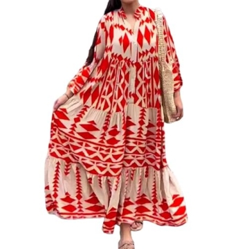 Women's Bohemian Dresses Red Geometric Pattern Long Sleeve V-Neck Ruffle Casual Button Down Swing Lo...