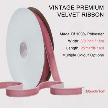 TONIFUL Pink Velvet Ribbon 3/8 Inch x 25yds, Vintage Velvet Ribbons, for Christmas Wreath Decoration Handmade Craft Ornaments Gift Wrapping & Bow Making, Valentine's Day Wedding Bouquet Packaging