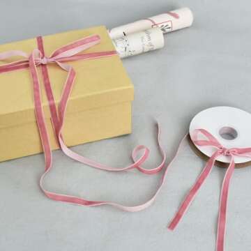 TONIFUL Pink Velvet Ribbon 3/8 Inch x 25yds, Vintage Velvet Ribbons, for Christmas Wreath Decoration Handmade Craft Ornaments Gift Wrapping & Bow Making, Valentine's Day Wedding Bouquet Packaging