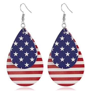 ROSTIVO American Flag Earrings for Women 4th of July Patriotic Earrings Cute Teardrop Faux Leather Dangle Earrings
