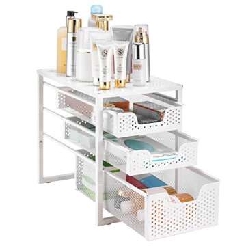 Simple Trending 3-Tier Under Sink Cabinet Organizer with Sliding Storage Drawer, Desktop Organizer for Kitchen Bathroom Office, Stackbale,White