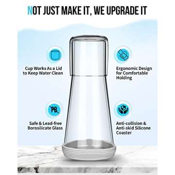 Bedside Night Water Carafe Set with Tumbler Glass, Clear Nightstand Carafe with Silicone Coaster for...