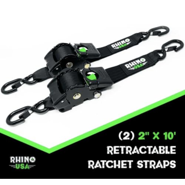 Rhino USA Retractable Ratchet Straps (2-Pack) - 2" x 10' Heavy Duty Tie Downs