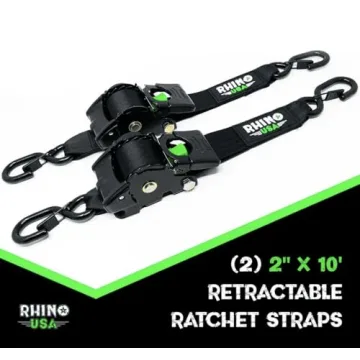 Rhino USA Retractable Ratchet Straps (2-Pack) - 2" x 10' Heavy Duty Tie Downs