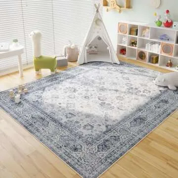 Rugcomf Area Rugs 8x10 Rug for Living Room Washable Boho Area Rug Non Slip Soft Vintage Low Pile Large Rug for Living Room, Bedroom, Farmhouse, Dining Room, Kids Playroom(Grey and White)