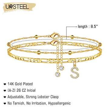 Ursteel Ankle Bracelets for Women, S Initial Anklet 14K Gold Plated Dainty Adjustable Layered Initia...