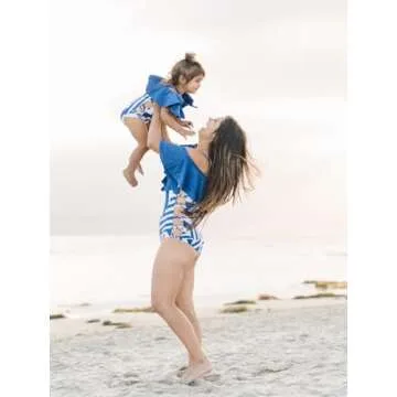 IFFEI Mommy and Me Swimsuits One Piece Blue Irregular Printed Bathing Suits Family Matching Swimwear Boys: 2 Years