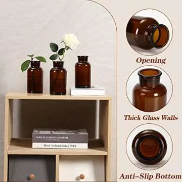Amber Glass Vase, Bud Vases, Apothecary Jars, Decorative Glass Bottles, Small Glass Flower Vases, Vintage Medicine Bottles for Home Decor Centerpiece, Wedding, Bridal Shower, Set of 6