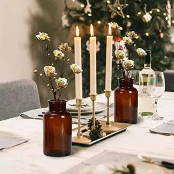 Amber Glass Vase, Bud Vases, Apothecary Jars, Decorative Glass Bottles, Small Glass Flower Vases, Vintage Medicine Bottles for Home Decor Centerpiece, Wedding, Bridal Shower, Set of 6