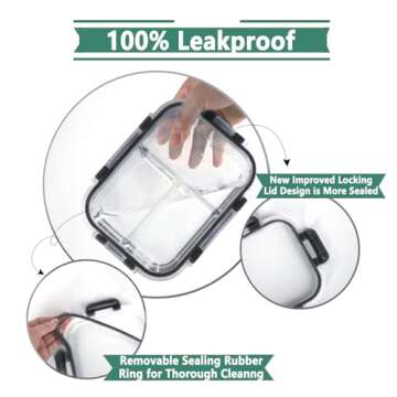HOMBERKING 8 Pack Glass Meal Prep Containers 3 Compartment, 36oz Glass Food Storage Containers with Lids, Airtight Glass Lunch Bento Boxes, BPA-Free & Leak Proof (8 lids & 8 Containers) - Black