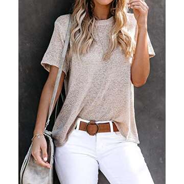 FERBIA Women Sheer Tops Loose Summer T Shirts Crochet Flowy Blouse Short Sleeve Casual Crew Neck Top A Beige