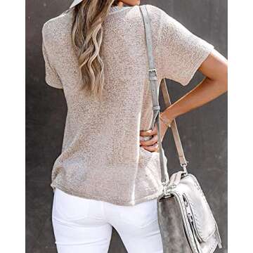 FERBIA Women Sheer Tops Loose Summer T Shirts Crochet Flowy Blouse Short Sleeve Casual Crew Neck Top A Beige