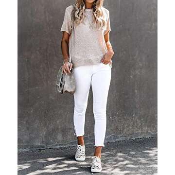 FERBIA Women Sheer Tops Loose Summer T Shirts Crochet Flowy Blouse Short Sleeve Casual Crew Neck Top A Beige