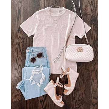 FERBIA Women Sheer Tops Loose Summer T Shirts Crochet Flowy Blouse Short Sleeve Casual Crew Neck Top A Beige