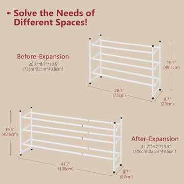Tajsoon Expandable Shoe Rack for Closet 3 Tier, 28“-41“Adjustable & Stackable Shoe Shelf Storage, Metal Shoe Rack Organizer for Front Door Entrance, Closet, Garage, Entryway, White