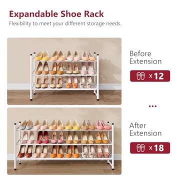 Tajsoon Expandable Shoe Rack for Closet 3 Tier, 28“-41“Adjustable & Stackable Shoe Shelf Storage, Metal Shoe Rack Organizer for Front Door Entrance, Closet, Garage, Entryway, White