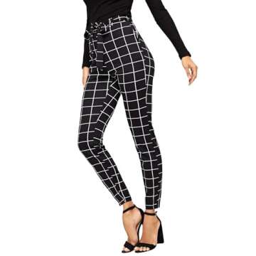WDIRARA Women's Stretchy Plaid Print Pants Soft Skinny Regular Fashion Leggings Black-2 M