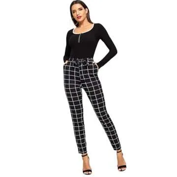 WDIRARA Women's Stretchy Plaid Print Pants Soft Skinny Regular Fashion Leggings Black-2 M