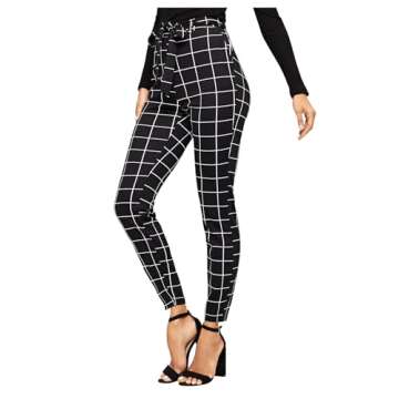 WDIRARA Women's Stretchy Plaid Print Pants Soft Skinny Regular Fashion Leggings Black-2 M