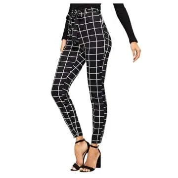 WDIRARA Women's Stretchy Plaid Print Pants Soft Skinny Regular Fashion Leggings Black-2 M