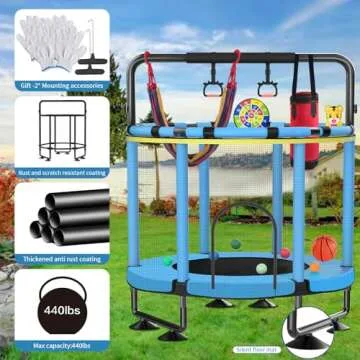 Trampoline for Kids, Upgrade Full Anti-Rust 440lbs Indoor Outdoor Toddler Trampoline with Net, 55" Adjustable Baby Toddler Trampoline Accessories with 8 Toys Dart Board (A-Blue, 55)
