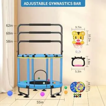 Trampoline for Kids, Upgrade Full Anti-Rust 440lbs Indoor Outdoor Toddler Trampoline with Net, 55" Adjustable Baby Toddler Trampoline Accessories with 8 Toys Dart Board (A-Blue, 55)