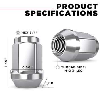 White Knight M12x1.50 Solid Piece Bulge Acorn Lug Nuts (NO Cap) for Select Aftermarket & Factory Whe...