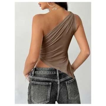 MakeMeChic Women's One Shoulder Tops 2025 Summer Y2k Asymmetric Hem Sleeveless Top Blouses Brown X-S...