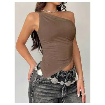 MakeMeChic Women's One Shoulder Tops 2025 Summer Y2k Asymmetric Hem Sleeveless Top Blouses Brown X-Small