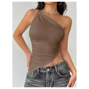 MakeMeChic Women's One Shoulder Tops 2025 Summer Y2k Asymmetric Hem Sleeveless Top Blouses Brown X-Small