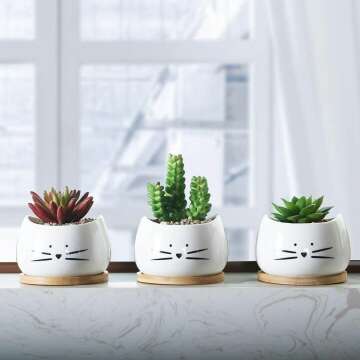 Cute Cat Ceramic Succulent Planter Pots Set of 3