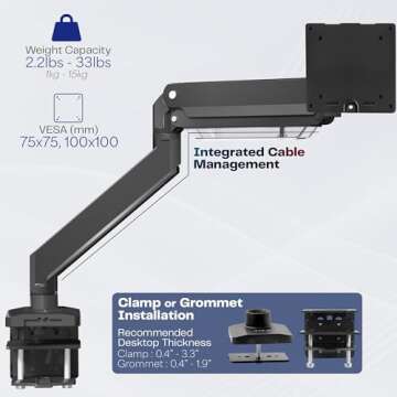 VIVO Premium Aluminum Heavy Duty Monitor Arm for Ultrawide Screens up to 49 inches and 33 lbs, Single Wall Mount, Pneumatic Height, Max VESA 100x100, Black, STAND-V101G1