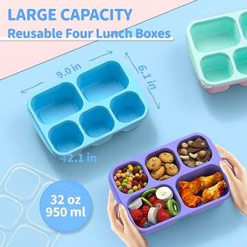 Bento Box Adult Lunch Box - 4 Pack, 5 - Compartment Meal Prep Container for Kids, Reusable Food Storage Snack Containers - Stackable for School, Work, and Travel (PP(Blue/Pink/Green/Purple))