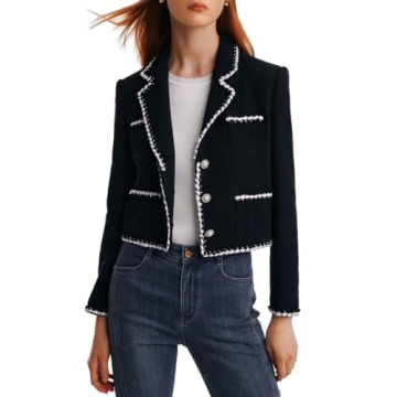 GOELIA Tweed Blazers for Women Work Business Casual, Knit Blazer Cropped Jacket for Women Black Blaz...