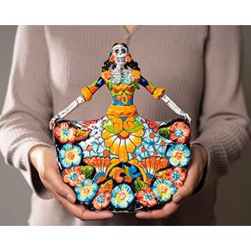 Enchanted Talavera Mexican Talavera Authentic Signed Mexican Dia De Los Muertos Ceramic Handpainted Art Catrina Day of The Dead Figurine Halloween Skull Decor (Ballerina 10.5" T x 8.5" W)