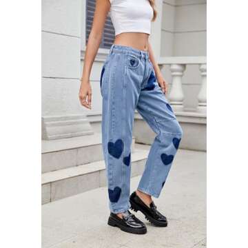 LifeShe Women's Wide Leg Baggy Jeans Low Waist Heart Barrel Loose Jean Valentine's Day Denim Pants
