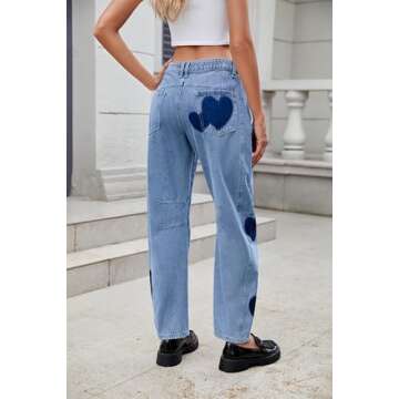 LifeShe Women's Wide Leg Baggy Jeans Low Waist Heart Barrel Loose Jean Valentine's Day Denim Pants