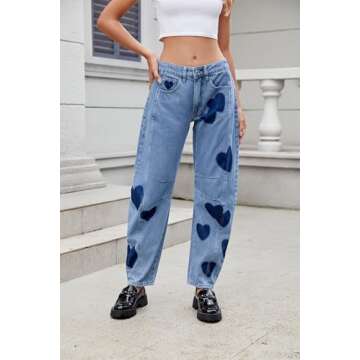 LifeShe Women's Wide Leg Baggy Jeans Low Waist Heart Barrel Loose Jean Valentine's Day Denim Pants